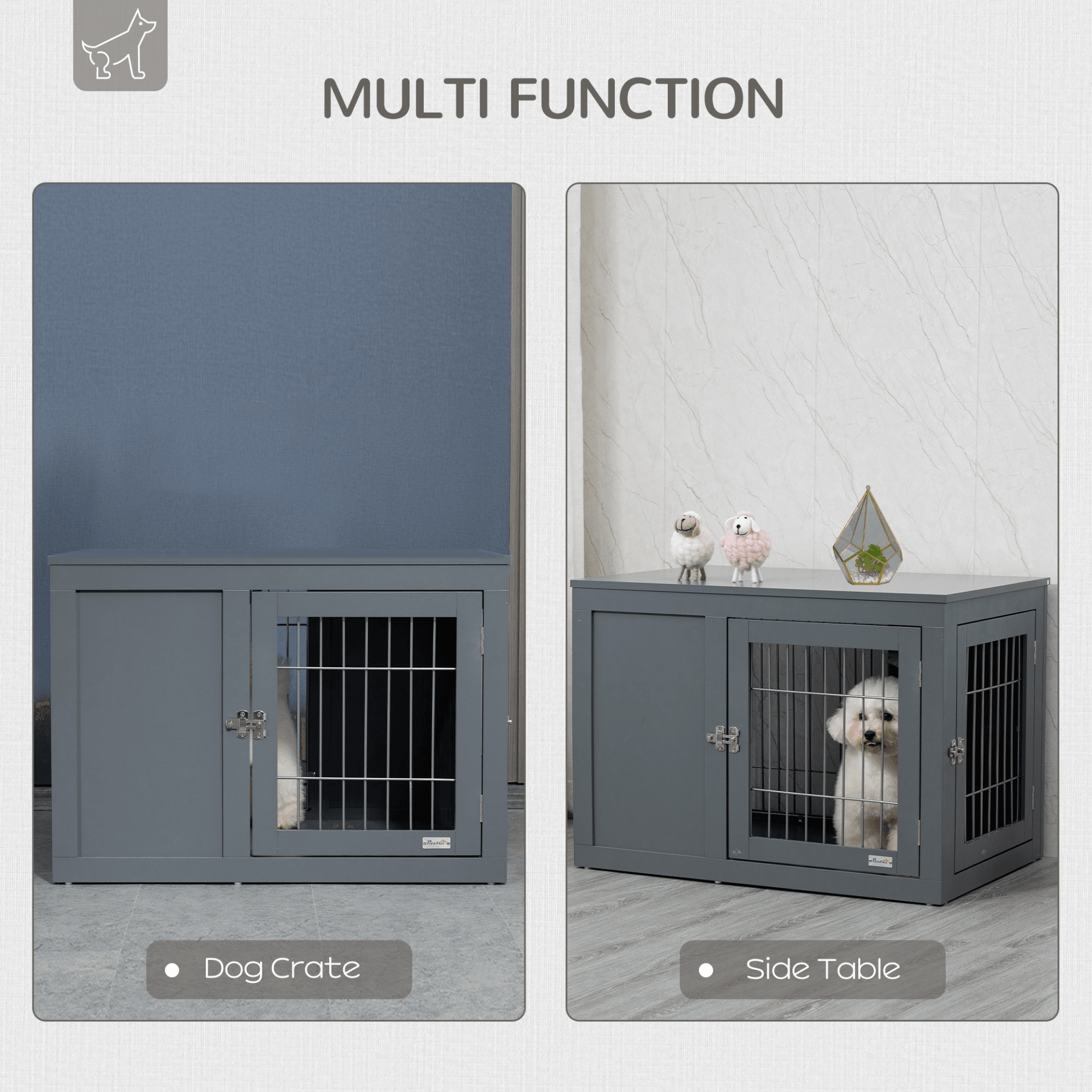 PawHut Furniture-Style Dog Crate End Table with Two Lockable Doors Grey