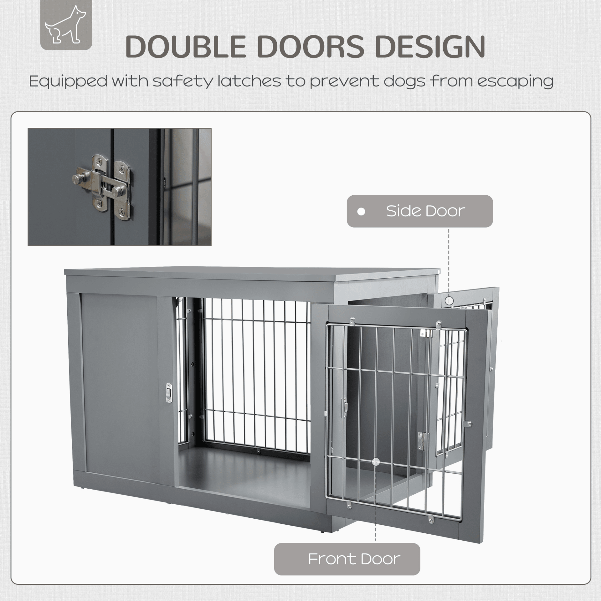 PawHut Furniture-Style Dog Crate End Table with Two Lockable Doors Grey