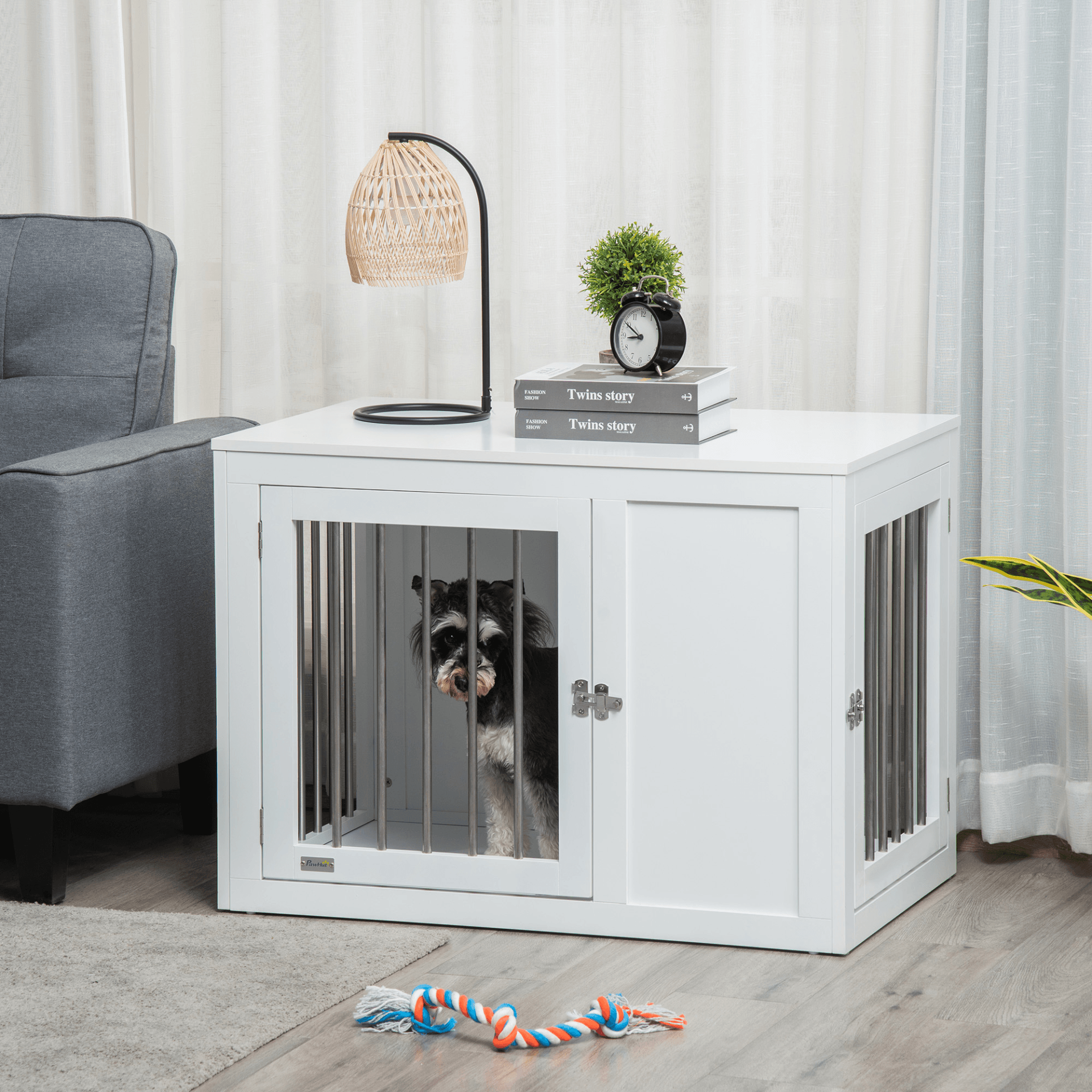 PawHut Furniture Style Dog Crate with Two Doors End Table with Locks for Medium Dogs White