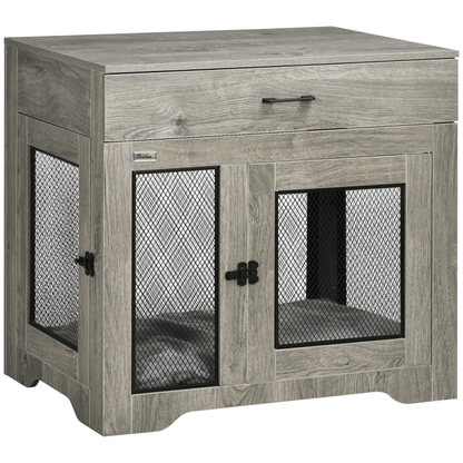 PawHut Indoor Dog Crate Furniture with Cushion, Double Doors Pet Kennel End Table with Drawer for Medium Dogs Grey