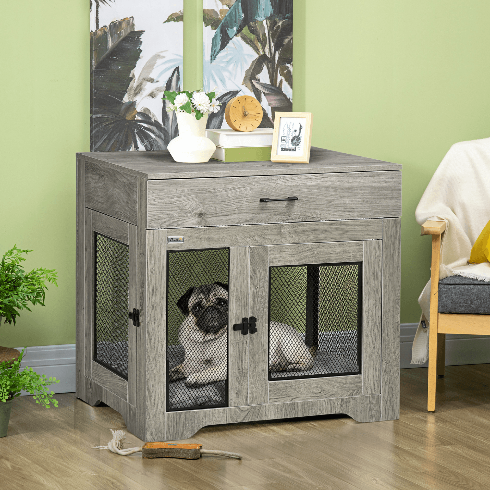 PawHut Indoor Dog Crate Furniture with Cushion, Double Doors Pet Kennel End Table with Drawer for Medium Dogs Grey