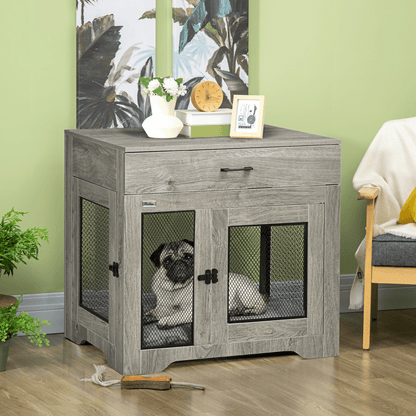 PawHut Indoor Dog Crate Furniture with Cushion, Double Doors Pet Kennel End Table with Drawer for Medium Dogs Grey