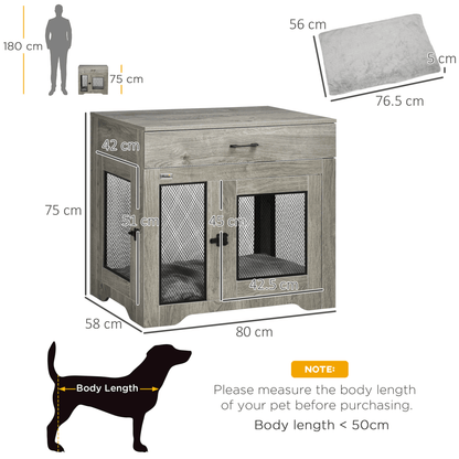 PawHut Indoor Dog Crate Furniture with Cushion, Double Doors Pet Kennel End Table with Drawer for Medium Dogs Grey