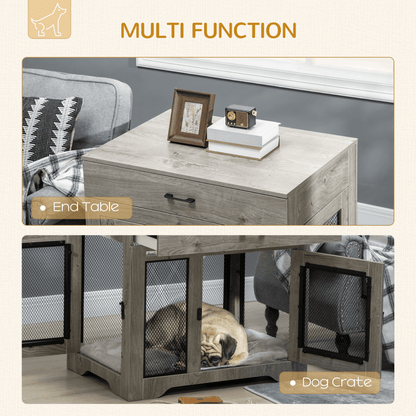 PawHut Indoor Dog Crate Furniture with Cushion, Double Doors, Pet Kennel End Table with Drawer | Grey - FluffePet