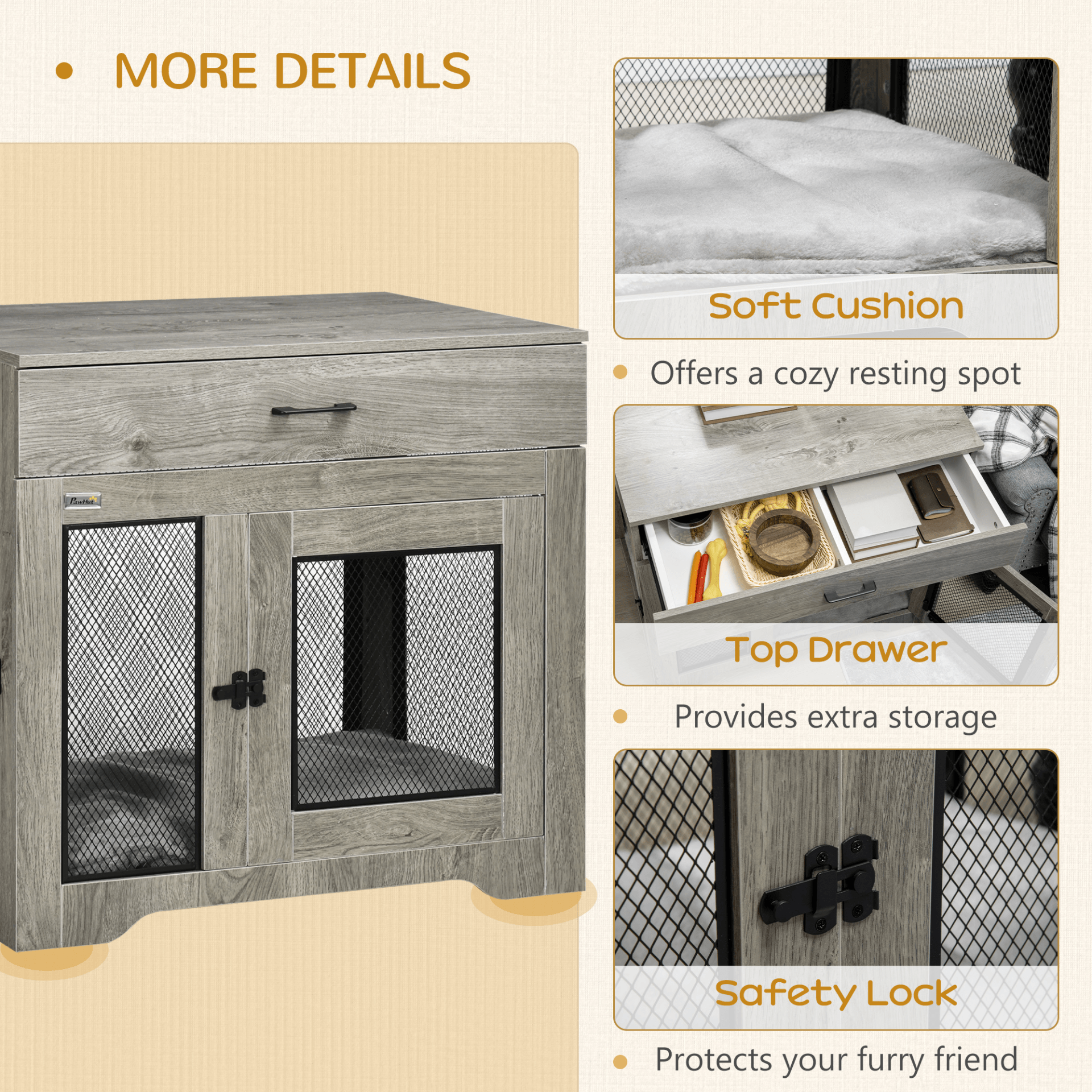 PawHut Indoor Dog Crate Furniture with Cushion, Double Doors, Pet Kennel End Table with Drawer | Grey - FluffePet