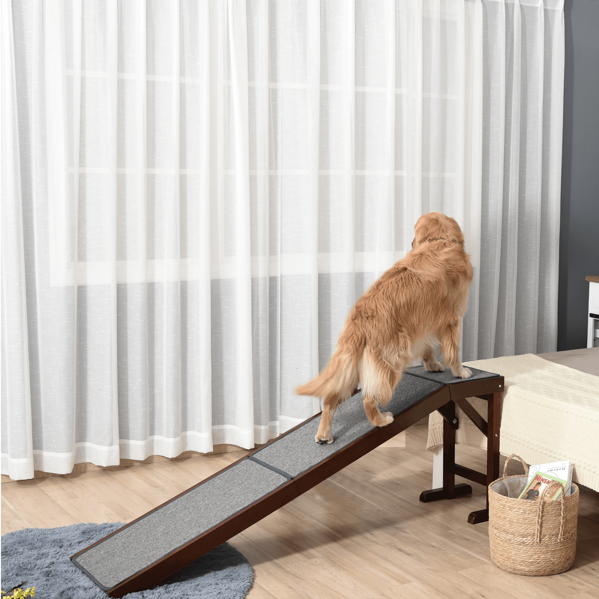 PawHut Pet Ramp for Dogs Cats  Non-Slip Carpet Top Platform | Brown & Grey