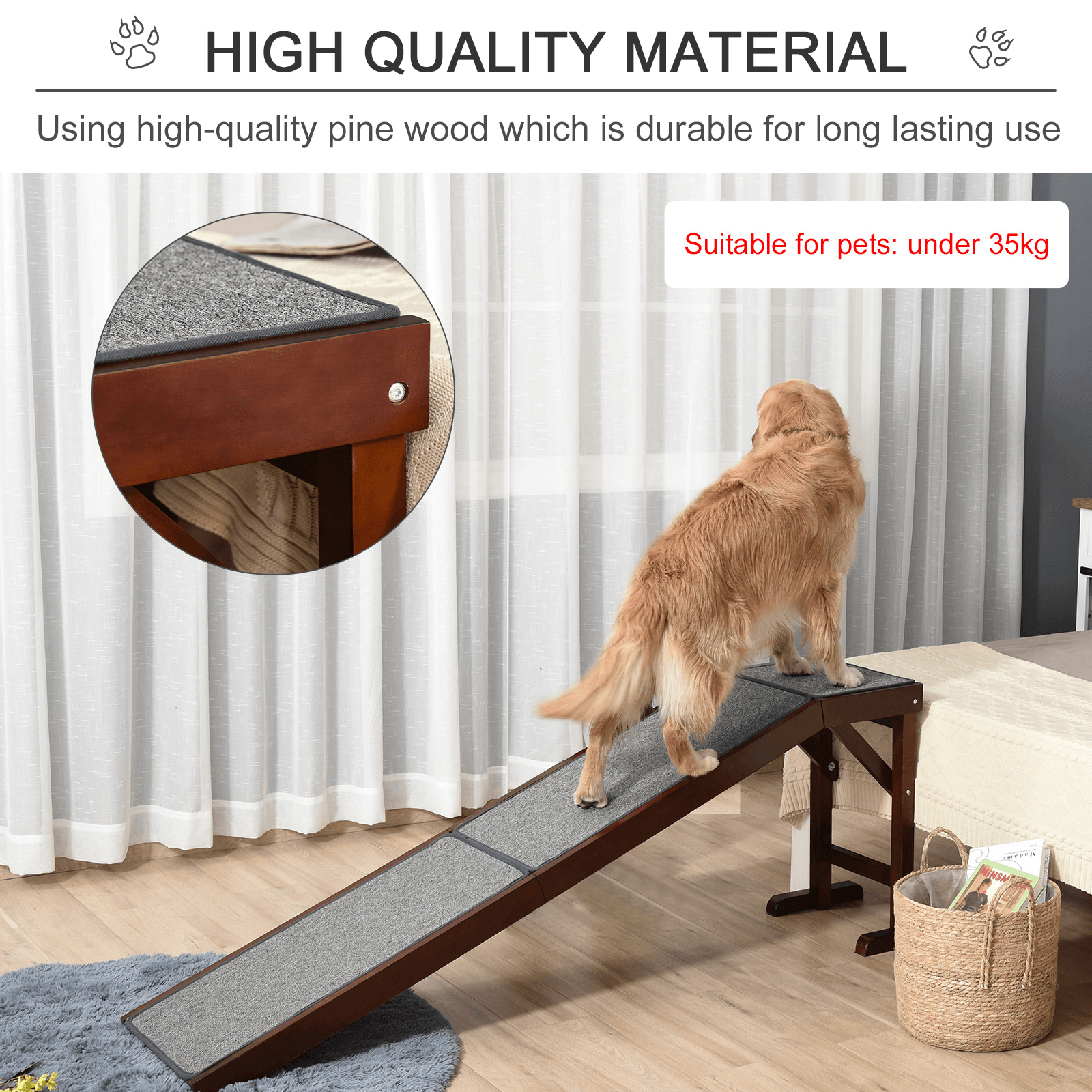 PawHut Pet Ramp for Dogs Cats  Non-Slip Carpet Top Platform | Brown & Grey