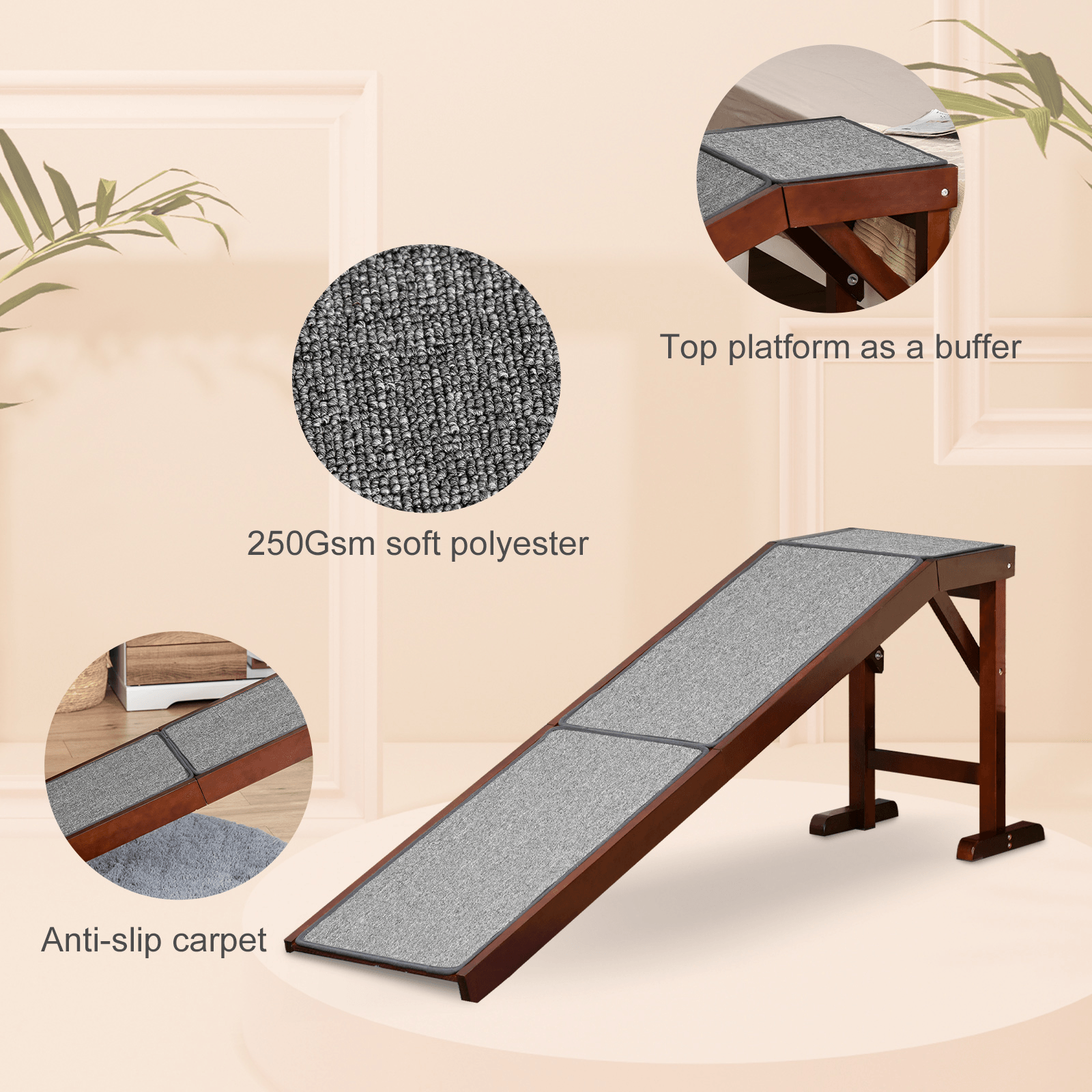 PawHut Pet Ramp for Dogs Cats  Non-Slip Carpet Top Platform | Brown & Grey