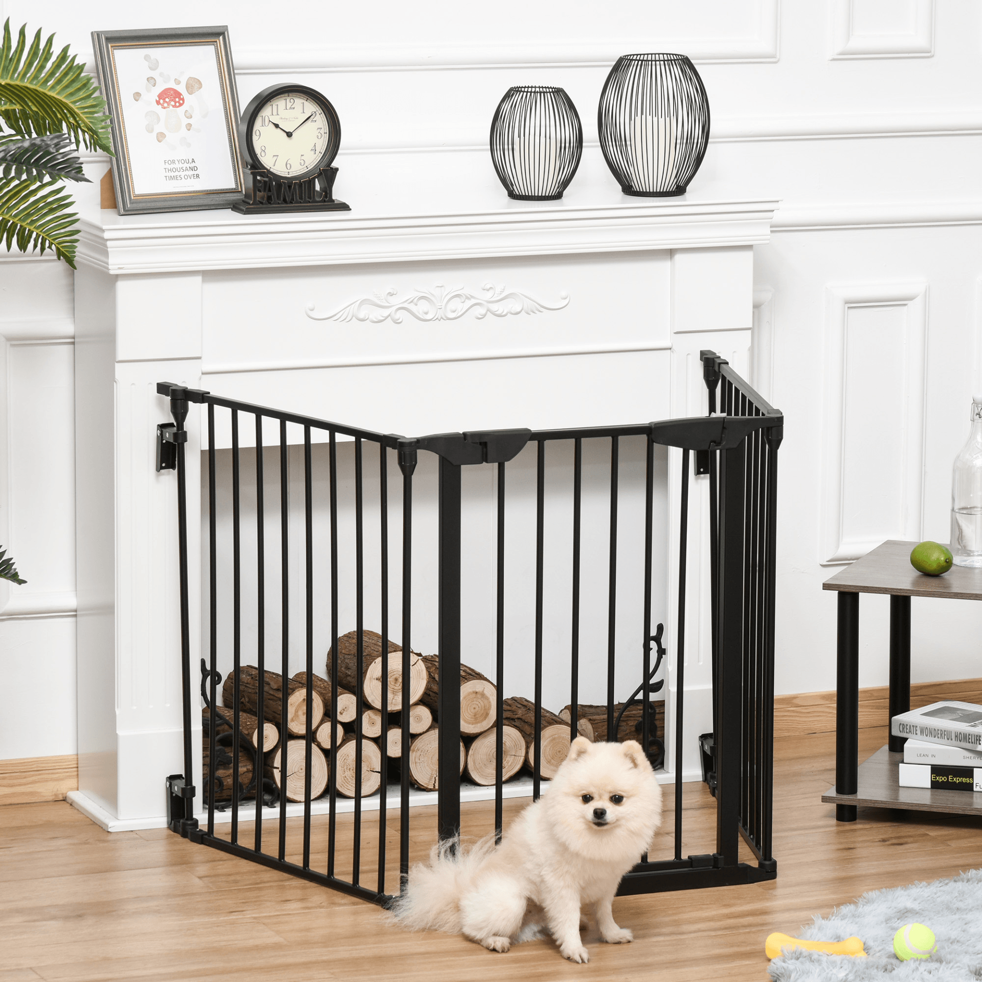 PawHut Pet Safety Gate 3-Panel Playpen Fireplace Christmas Tree Metal Fence Stair Barrier Room Divider with Walk Through Door Automatically Close Lock Black