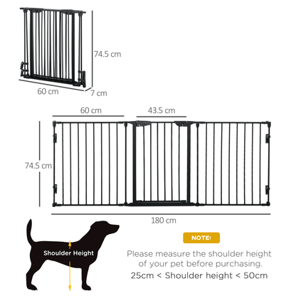 PawHut Pet Safety Gate 3-Panel Playpen Fireplace Christmas Tree Metal Fence Stair Barrier Room Divider with Walk Through Door Automatically Close Lock Black