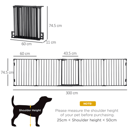 PawHut Pet Safety Gate 5-Panel Playpen Fireplace Christmas Tree Metal Fence Stair Barrier Room Divider with Walk Through Door Automatically Close Lock Black