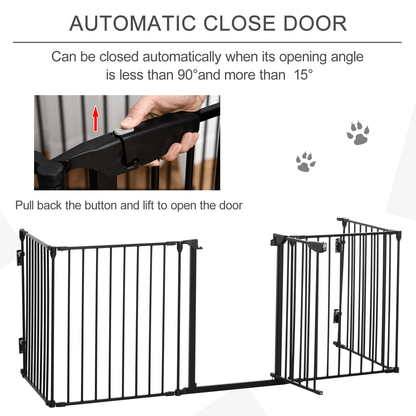 PawHut Pet Safety Gate 5-Panel Playpen Fireplace Christmas Tree Metal Fence Stair Barrier Room Divider with Walk Through Door Automatically Close Lock Black