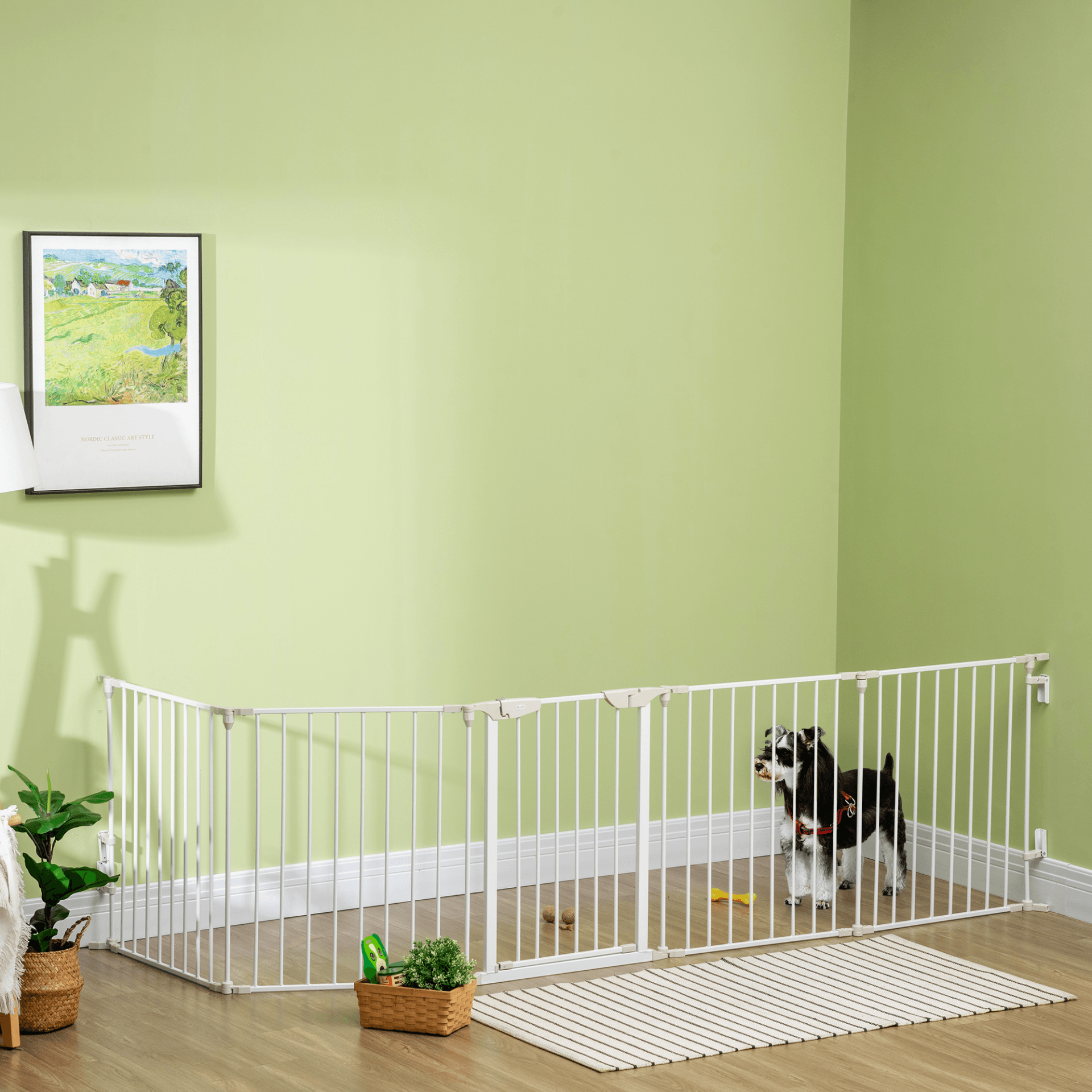 PawHut Pet Safety Gate 5-Panel Playpen Room Divider with Walk Through Door | White 300L x 3W x 74.5H cm - FluffePet