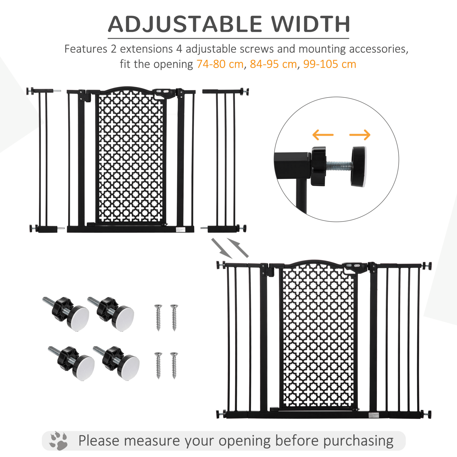 PawHut 74-105 cm Pet Safety Gate Barrier Stair Pressure Fit with Auto Close and Double Locking for Doorways, Hallways, Black