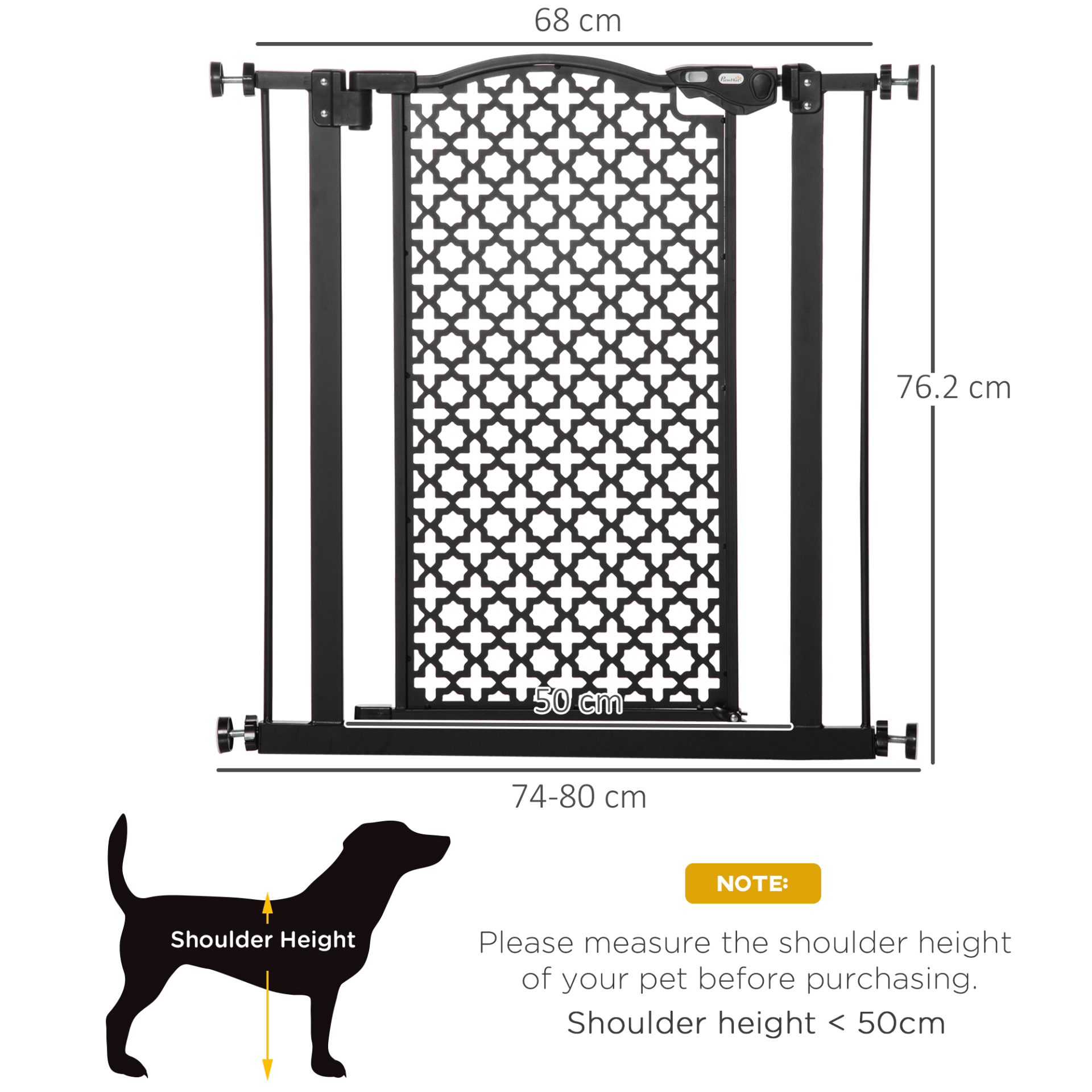 PawHut 74-80 cm Pet Safety Gate Barrier Stair Pressure Fit with Auto Close and Double Locking for Doorways, Hallways, Black