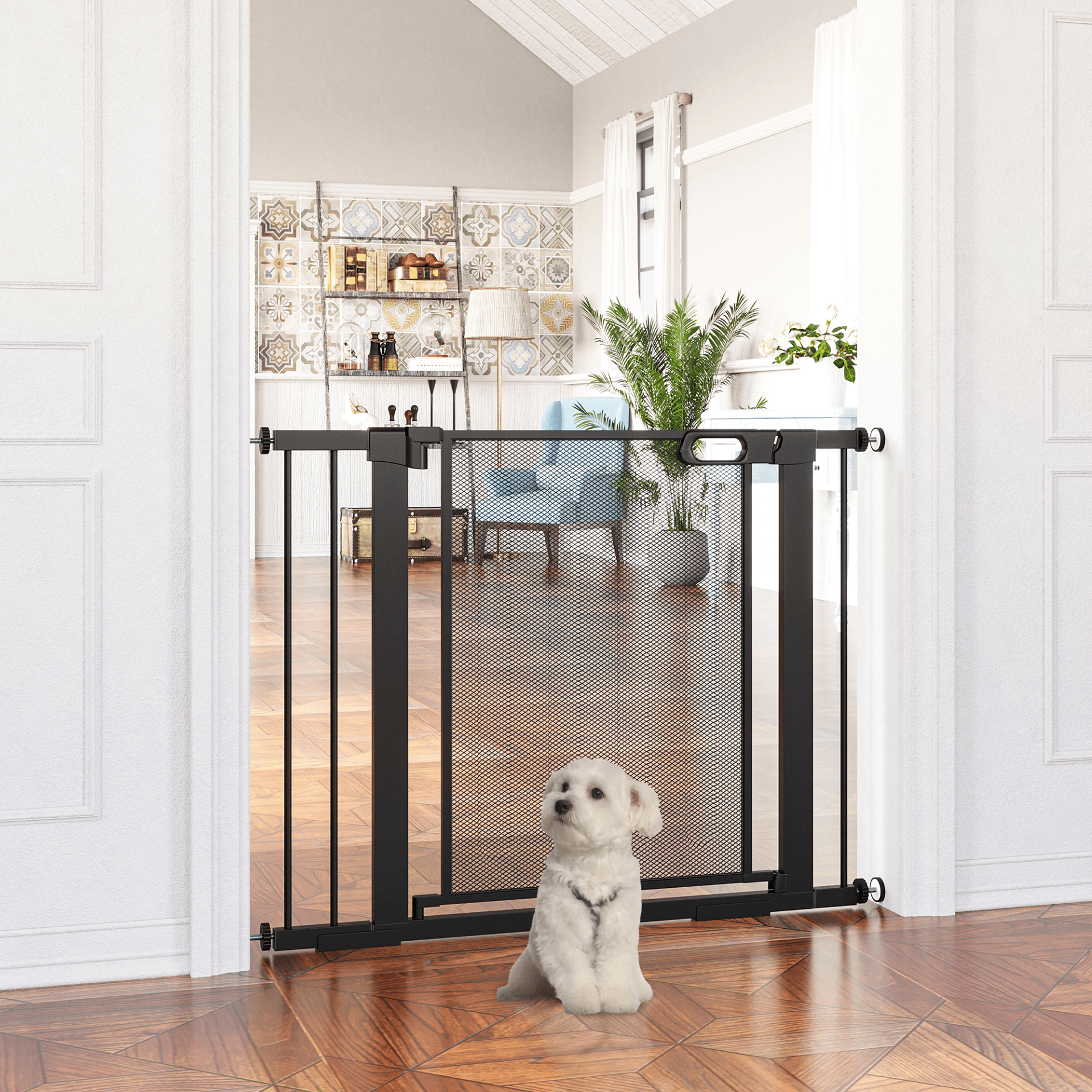 PawHut Pressure Fit Safety Dog Gate with Auto Closing Door with Double Locking Black