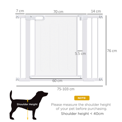 PawHut Pressure Fit Safety Gate for Doorways and Staircases, Dog Gate w/ Auto Closing Door, Pet Barrier for Hallways w/ Double Locking, Openings 75-103CM - White