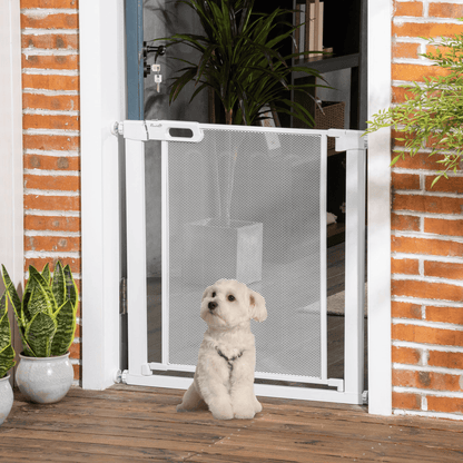 PawHut Pressure Fit Safety Gate for Doorways and Staircases, Dog Gate w/ Auto Closing Door, Pet Barrier for Hallways w/ Double Locking, Openings 75-82 cm - White