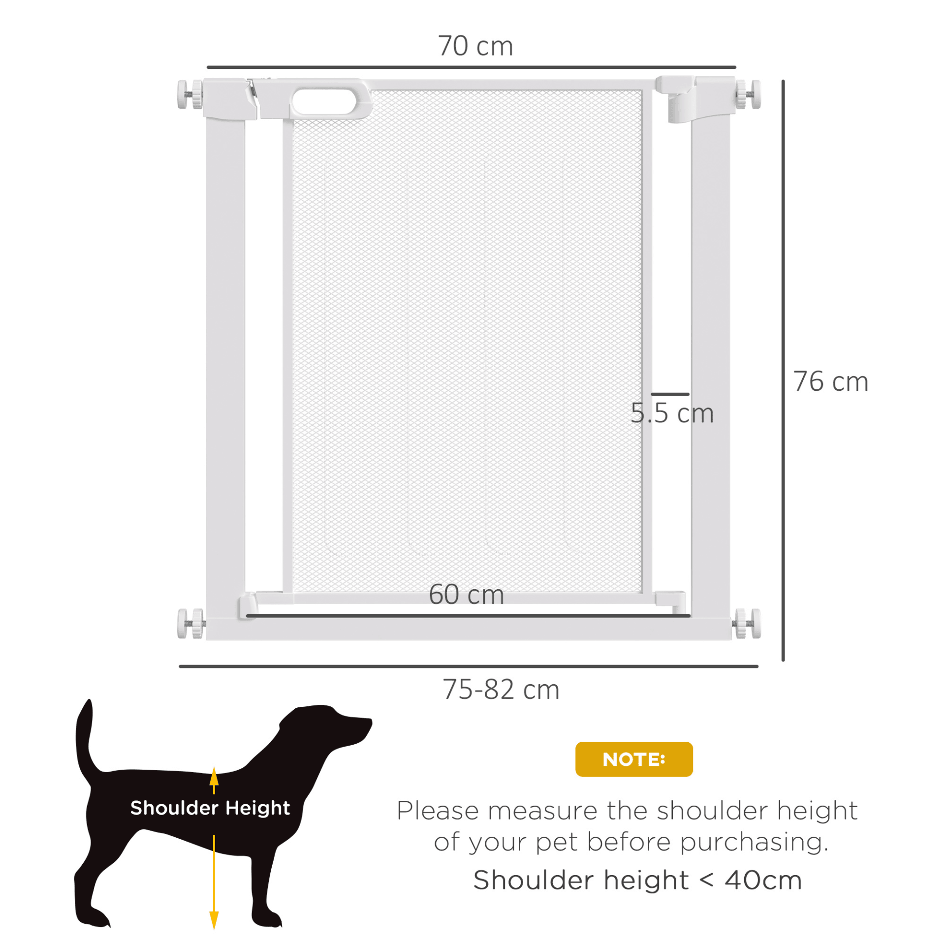 PawHut Pressure Fit Safety Gate for Doorways and Staircases, Dog Gate w/ Auto Closing Door, Pet Barrier for Hallways w/ Double Locking, Openings 75-82 cm - White