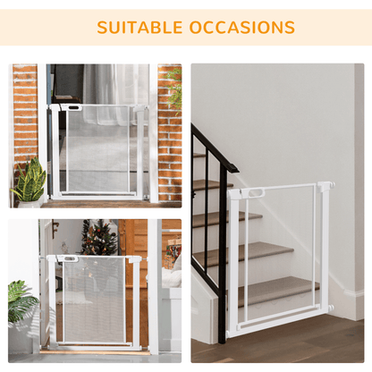 PawHut Pressure Fit Safety Gate for Doorways and Staircases, Dog Gate w/ Auto Closing Door, Pet Barrier for Hallways w/ Double Locking, Openings 75-82 cm - White