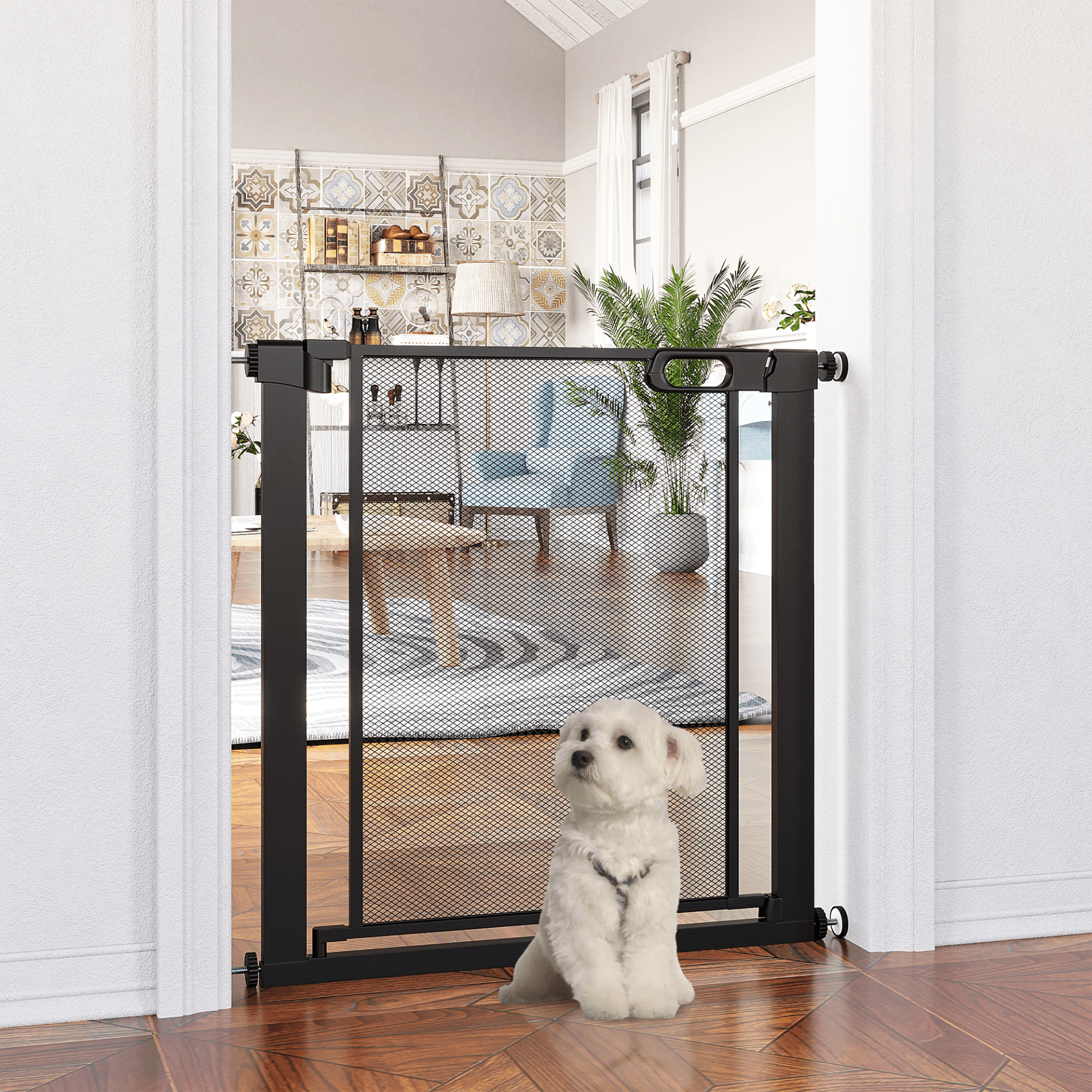 PawHut Pressure Fit Safety Gate with Auto Closing Door with Double Locking Black 76H x 75-82W cm