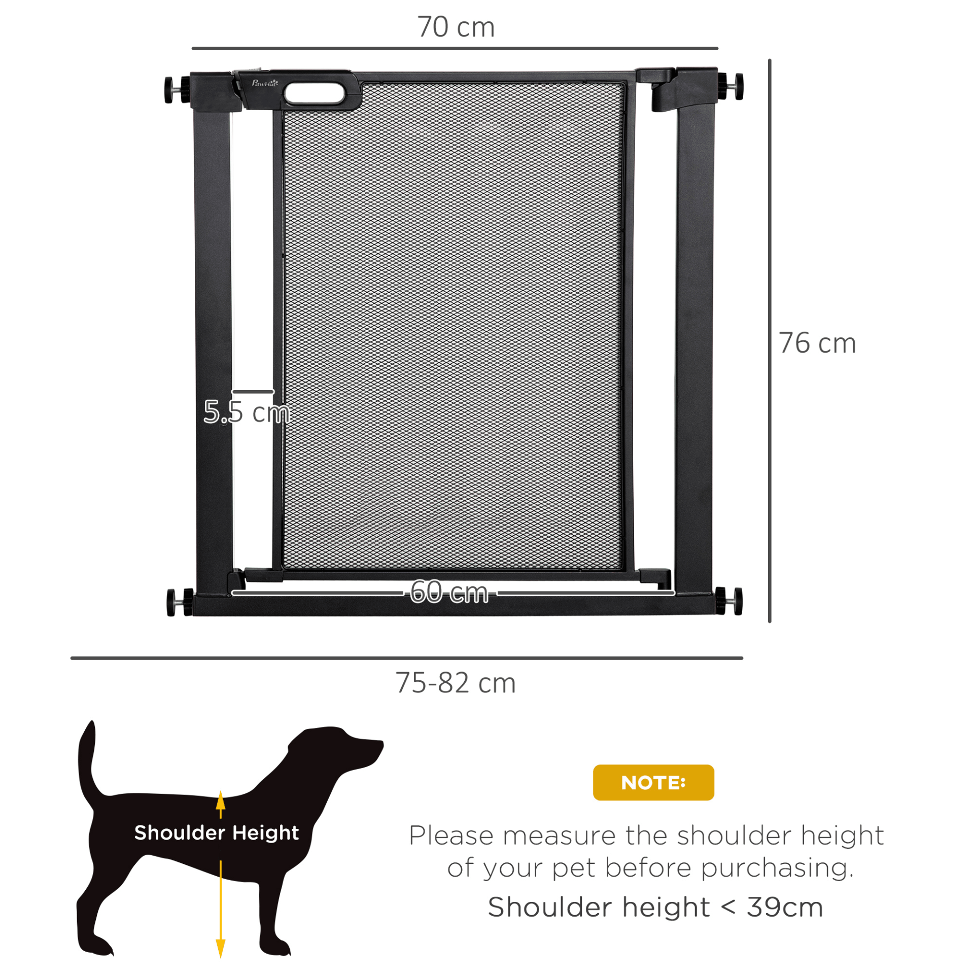 PawHut Pressure Fit Safety Gate with Auto Closing Door with Double Locking Black 76H x 75-82W cm