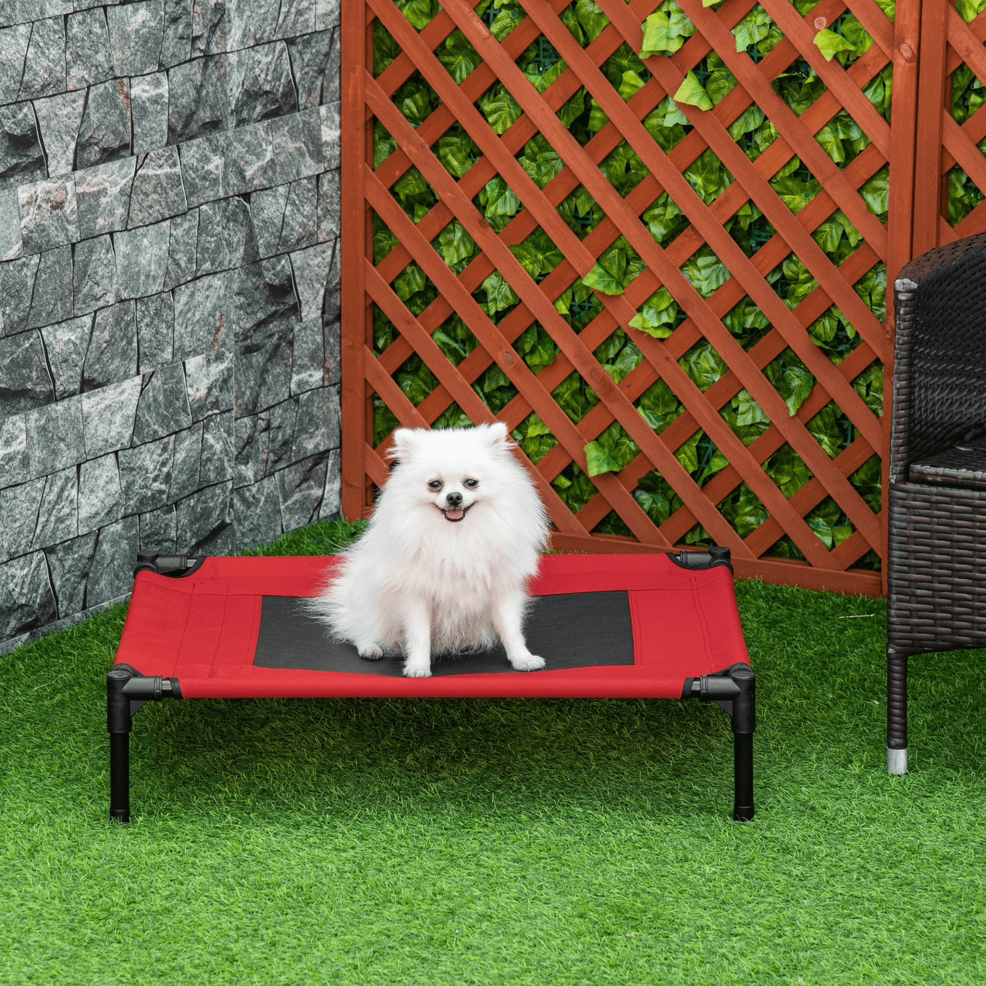 PawHut Raised Dog Bed Cooling Elevated Pet Cot with Breathable Mesh for Indoor Outdoor Black and Red  | Medium