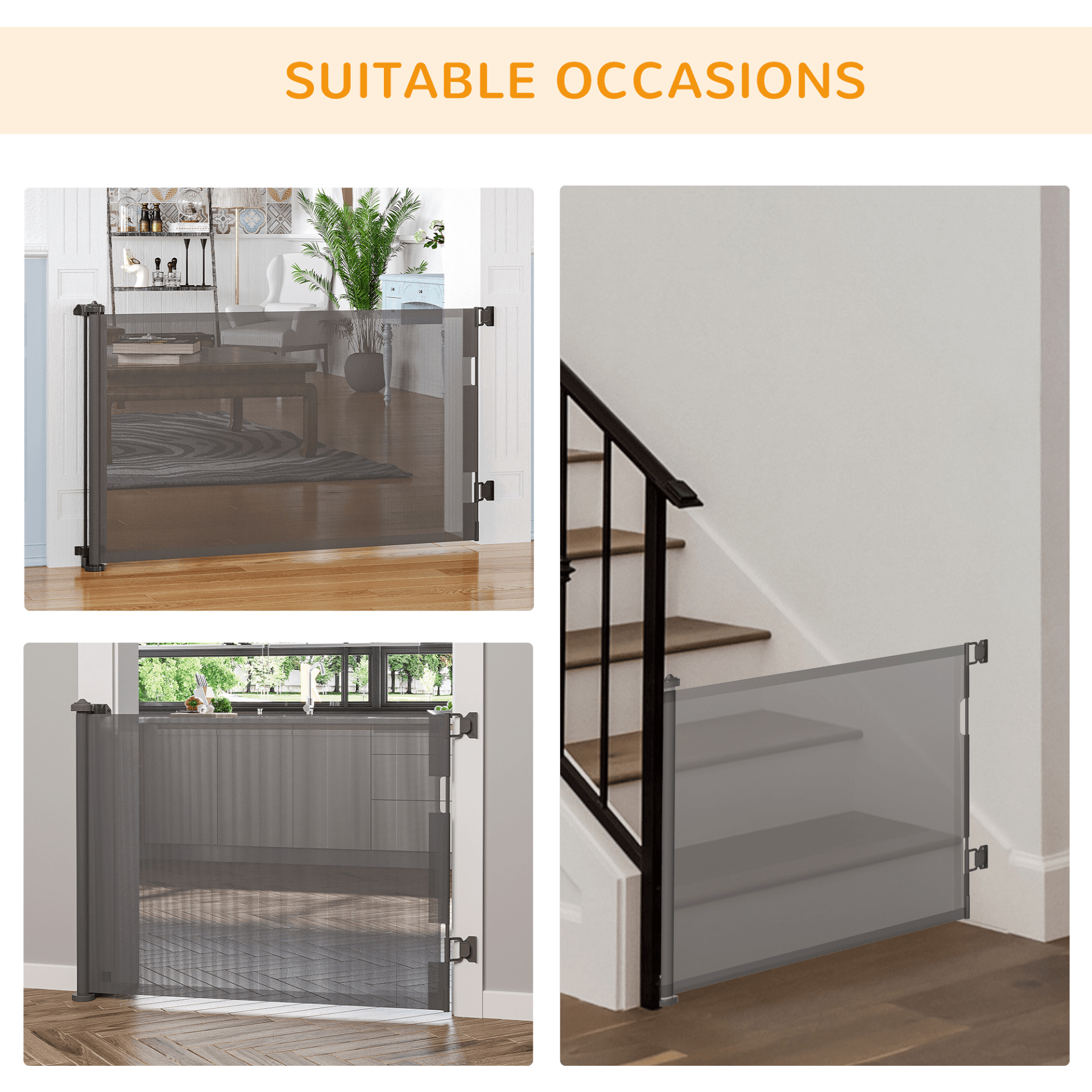 PawHut Retractable Stair Gate for Dogs 150cm Extendable, 85cm Tall, Extra Wide Foldable Mesh Pet Safety Gate w/ One Hand Operation, for Stairs, Doorways, Hallways - Grey