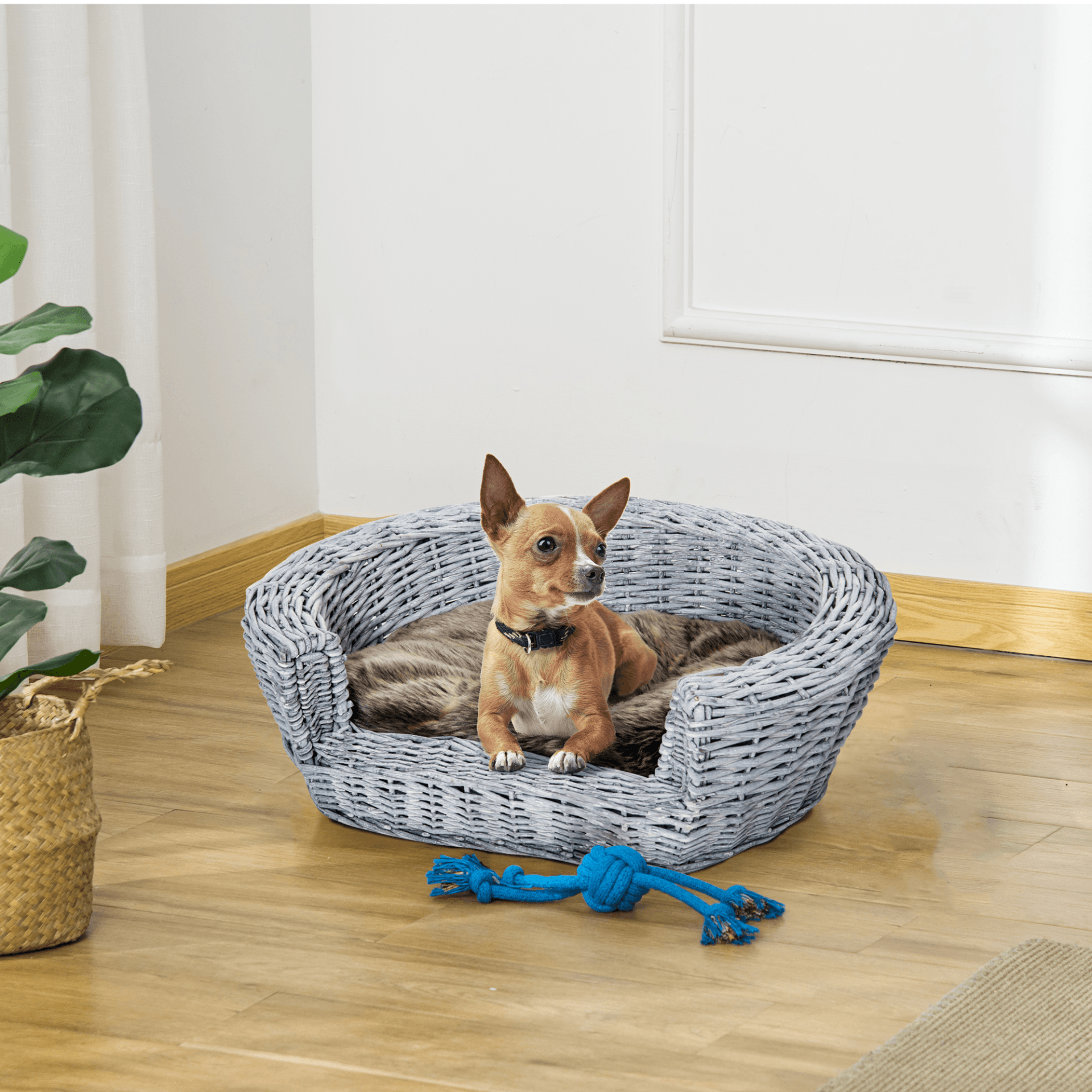 PawHut Wicker Pet Bed Willow Dog Cat Sofa Couch Puppy Basket with Cushion