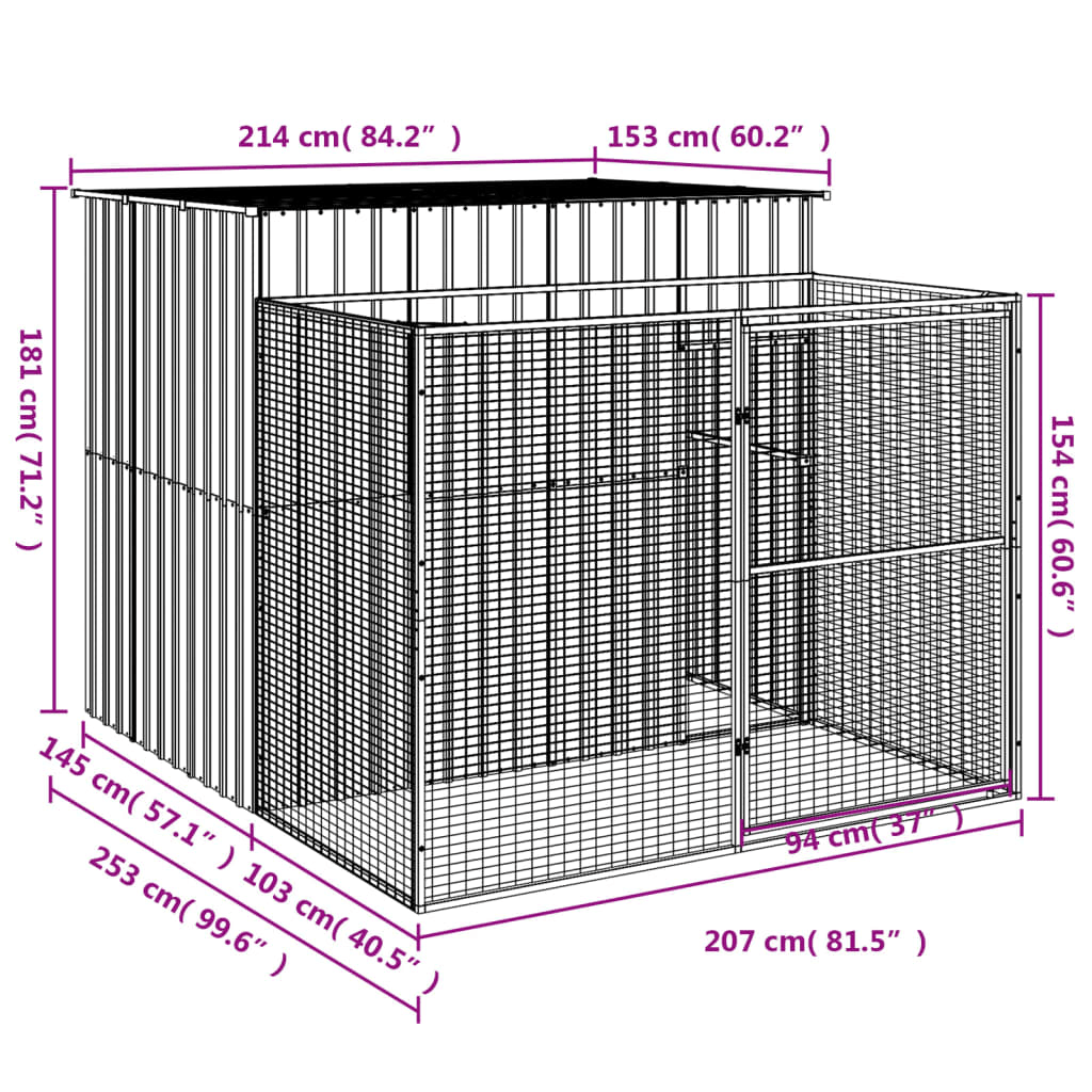 vidaXL Dog House with Run Anthracite 214x253x181 cm Galvanised Steel