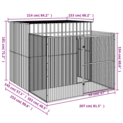 vidaXL Dog House with Run Light Grey 214x253x181 cm Galvanised Steel