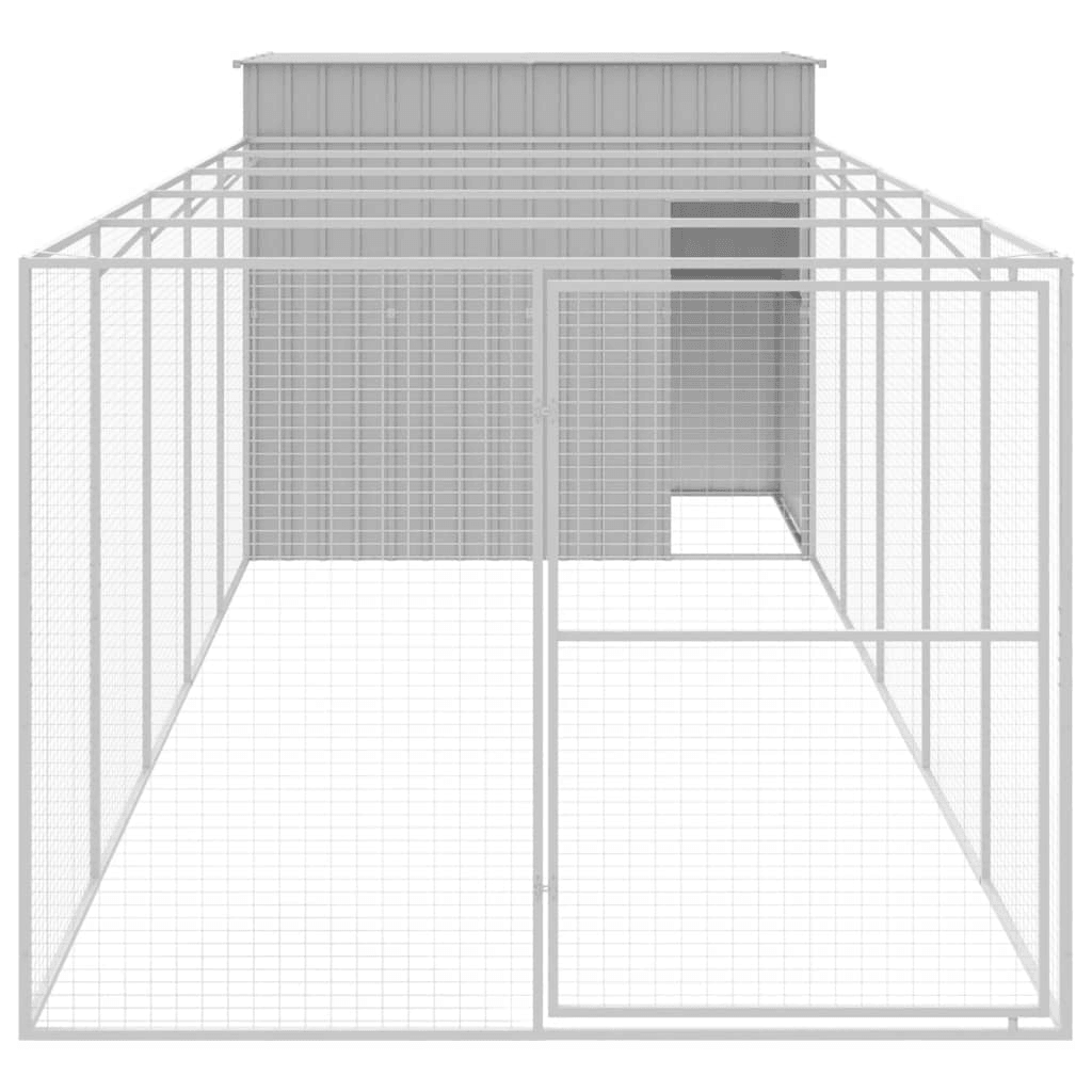 VidaXL Dog House with Run Galvanised Steel | Light Grey 214W x 661D x 181H cm - FluffePet