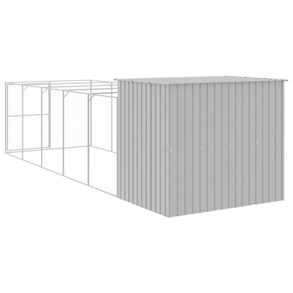 VidaXL Dog House with Run Galvanised Steel | Light Grey 214W x 661D x 181H cm - FluffePet